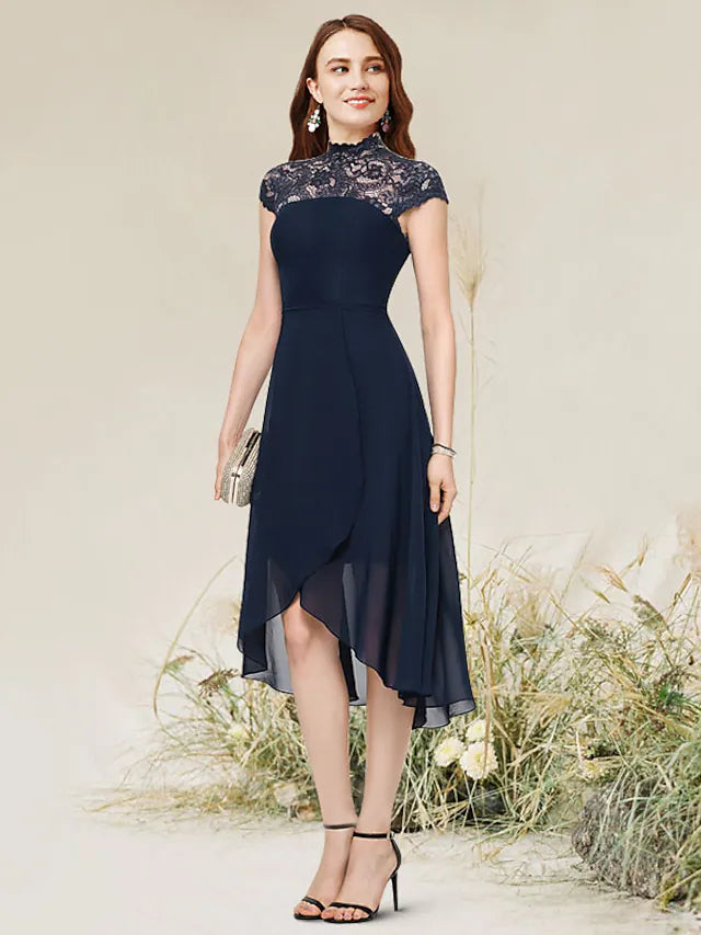 A-Linie Cocktailkleider Flirty Dress Homecoming Asymmetrisch Ärmellos Jewel Neck Chiffon mit Spitzeneinsatz
